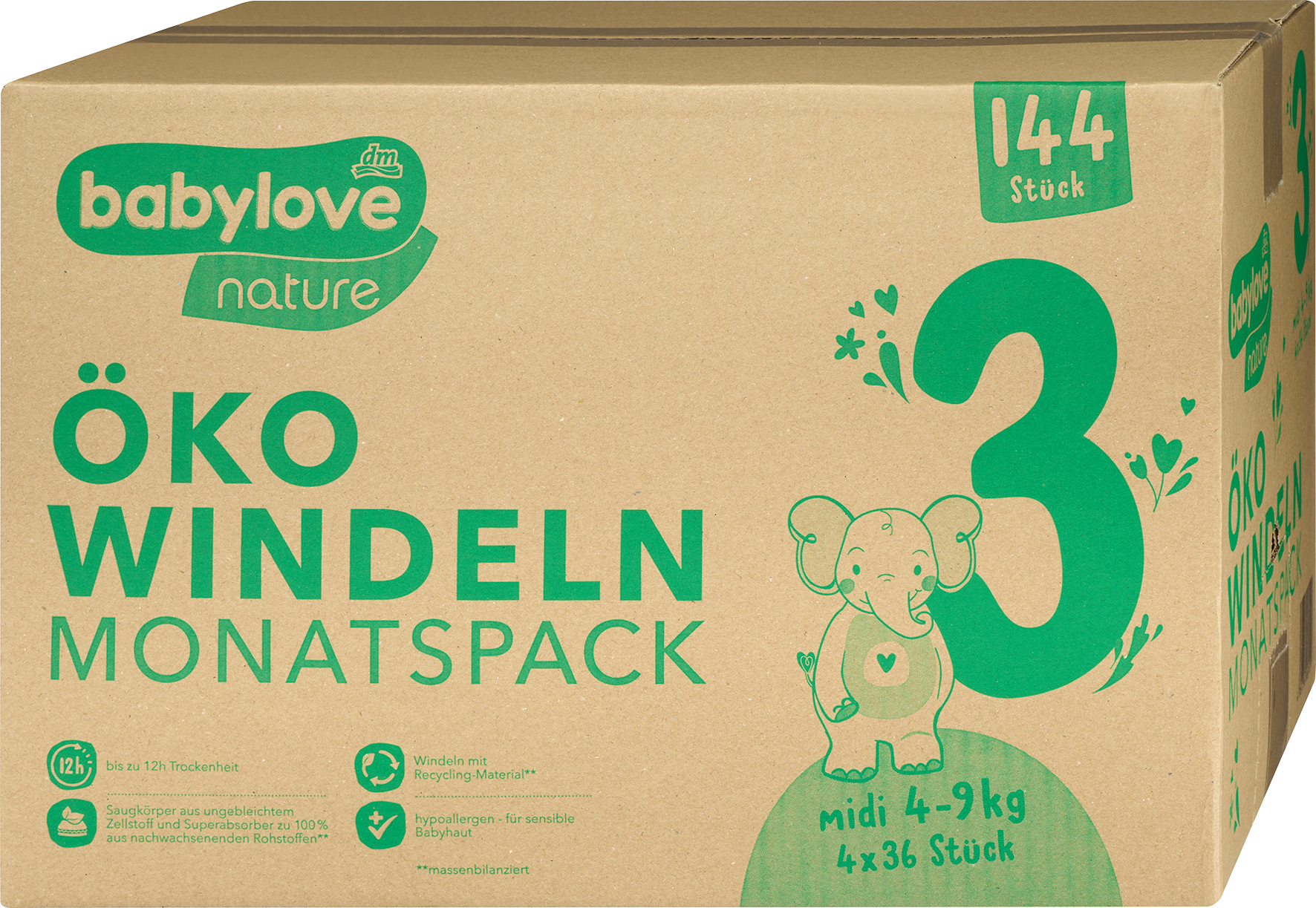 بيبي لوف حفاضات طبيعية مقاس 3 ميدي، عبوة شهرية، 144 قطعة