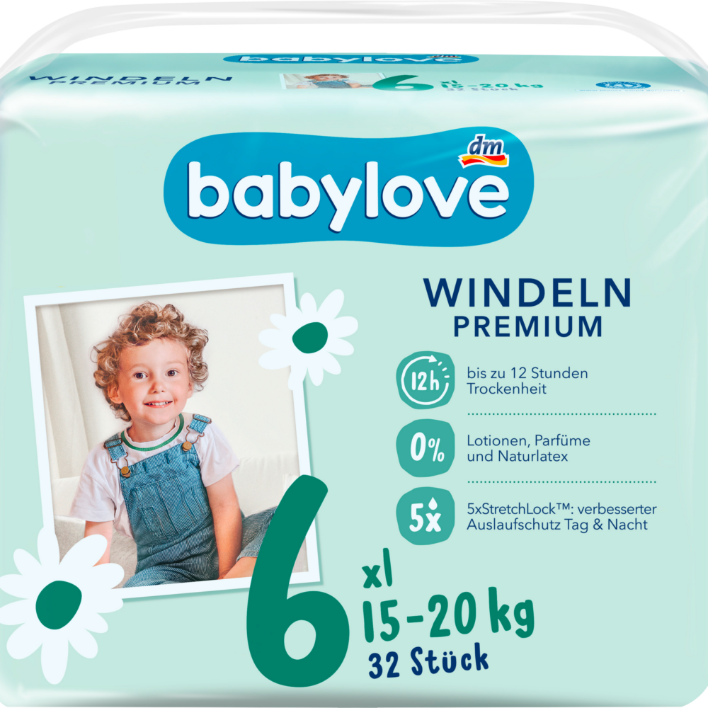 حفاضات بيبي لوف بريميوم مقاس 6، XL، 15-20 كجم، 32 قطعة