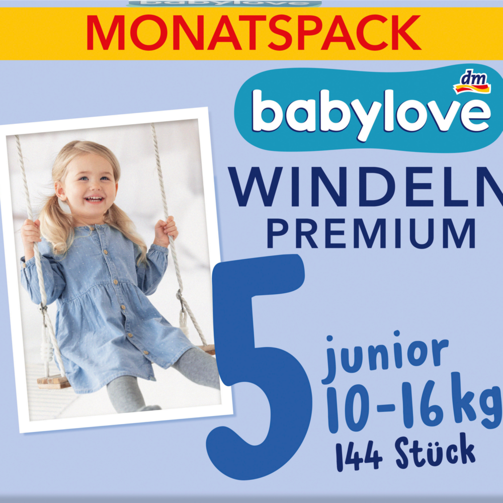 بيبي لوف حفاضات بريميوم مقاس 5 جونيور (10-16 كجم)، عبوة شهرية، 144 قطعة