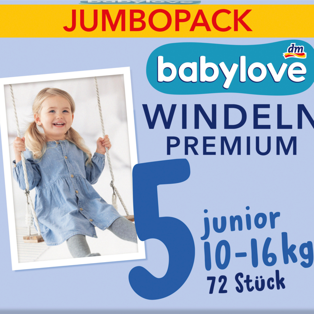 بيبي لوف حفاضات بريميوم مقاس 5 جونيور (10-16 كجم)، عبوة جامبو، 72 قطعة