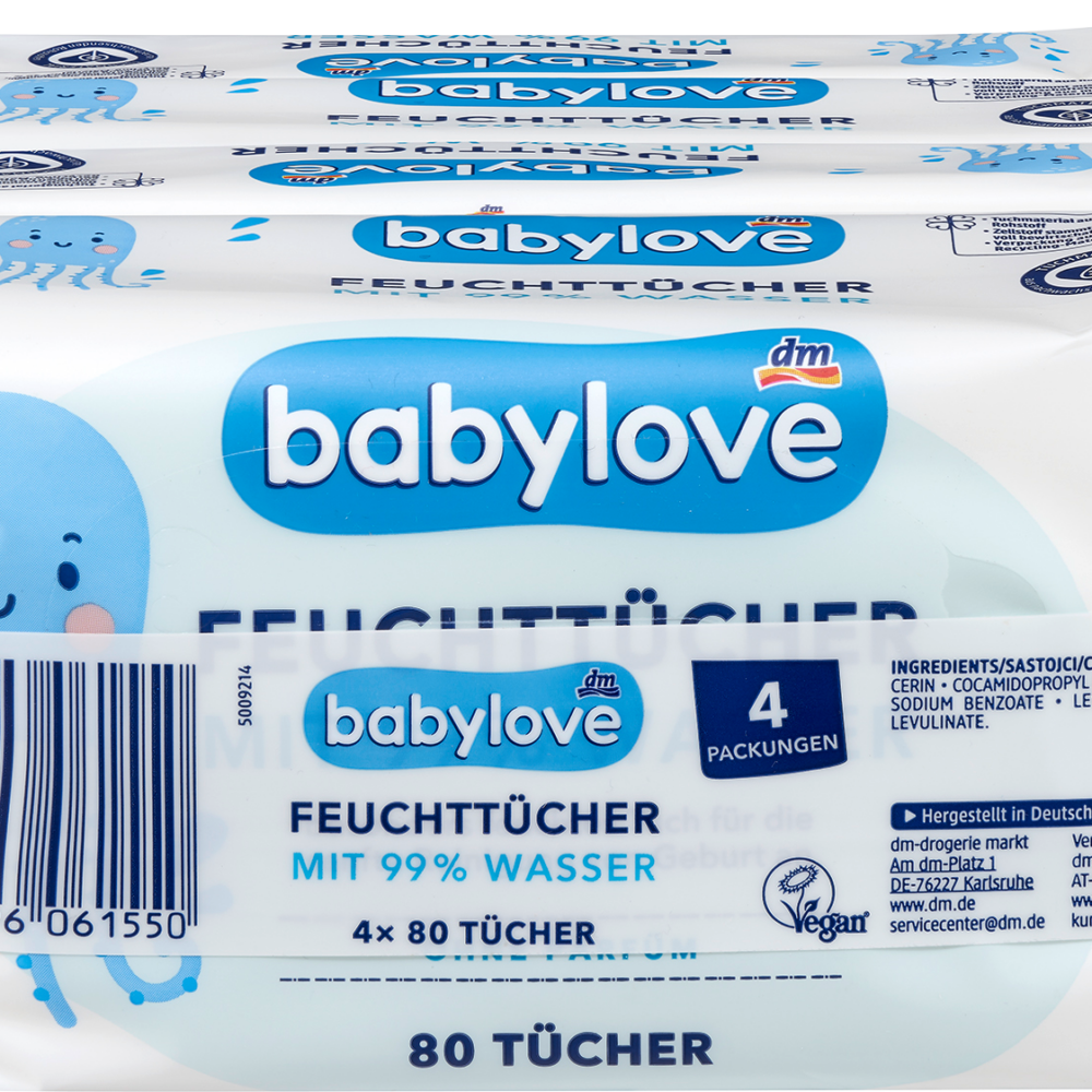 بيبي لوف مناديل مبللة بماء 99٪ (4 × 80 قطعة)، 320 قطعة