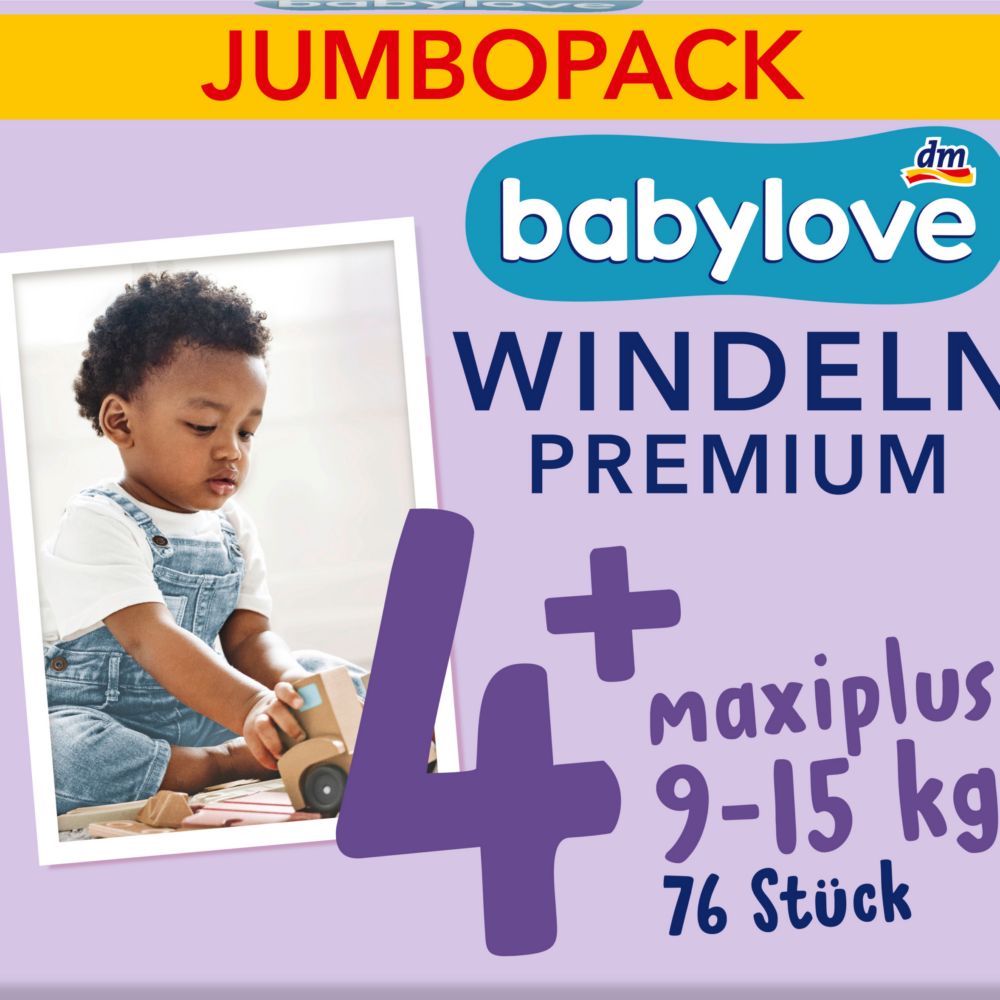 حفاضات بيبي لوف بريميوم مقاس 4+ ماكسي بلس (9-15 كجم)، جامبوباك، 76 قطعة