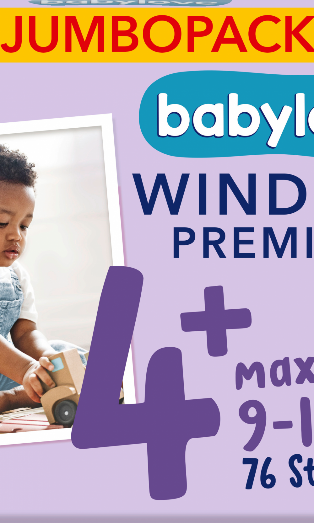 حفاضات بيبي لوف بريميوم مقاس 4+ ماكسي بلس (9-15 كجم)، جامبوباك، 76 قطعة