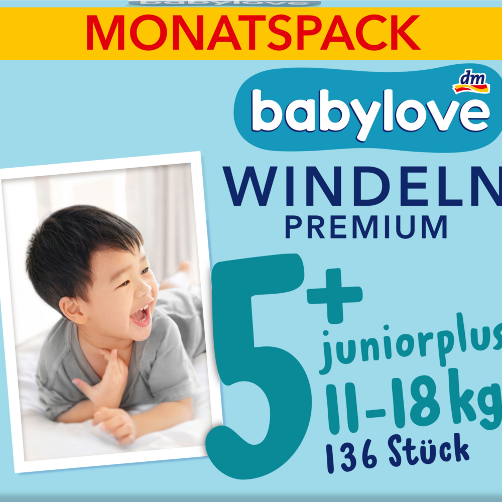 حفاضات بيبي لوف مقاس بريميوم 5+ جونيور بلس (11-18 كجم)، عبوة شهرية، 136 قطعة