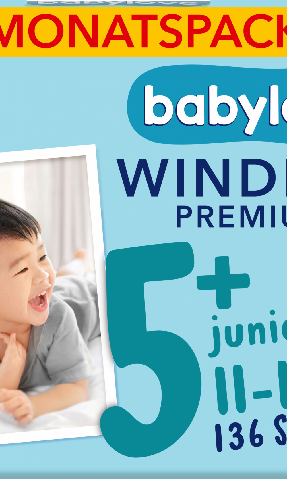 حفاضات بيبي لوف مقاس بريميوم 5+ جونيور بلس (11-18 كجم)، عبوة شهرية، 136 قطعة