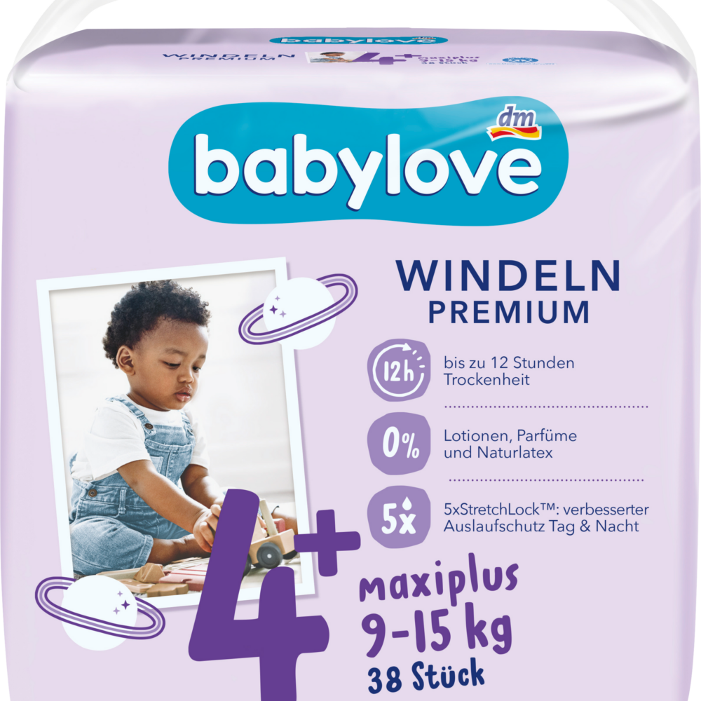 حفاضات بيبي لوف بريميوم مقاس 4+، ماكسي بلس، 9-15 كجم، 38 قطعة