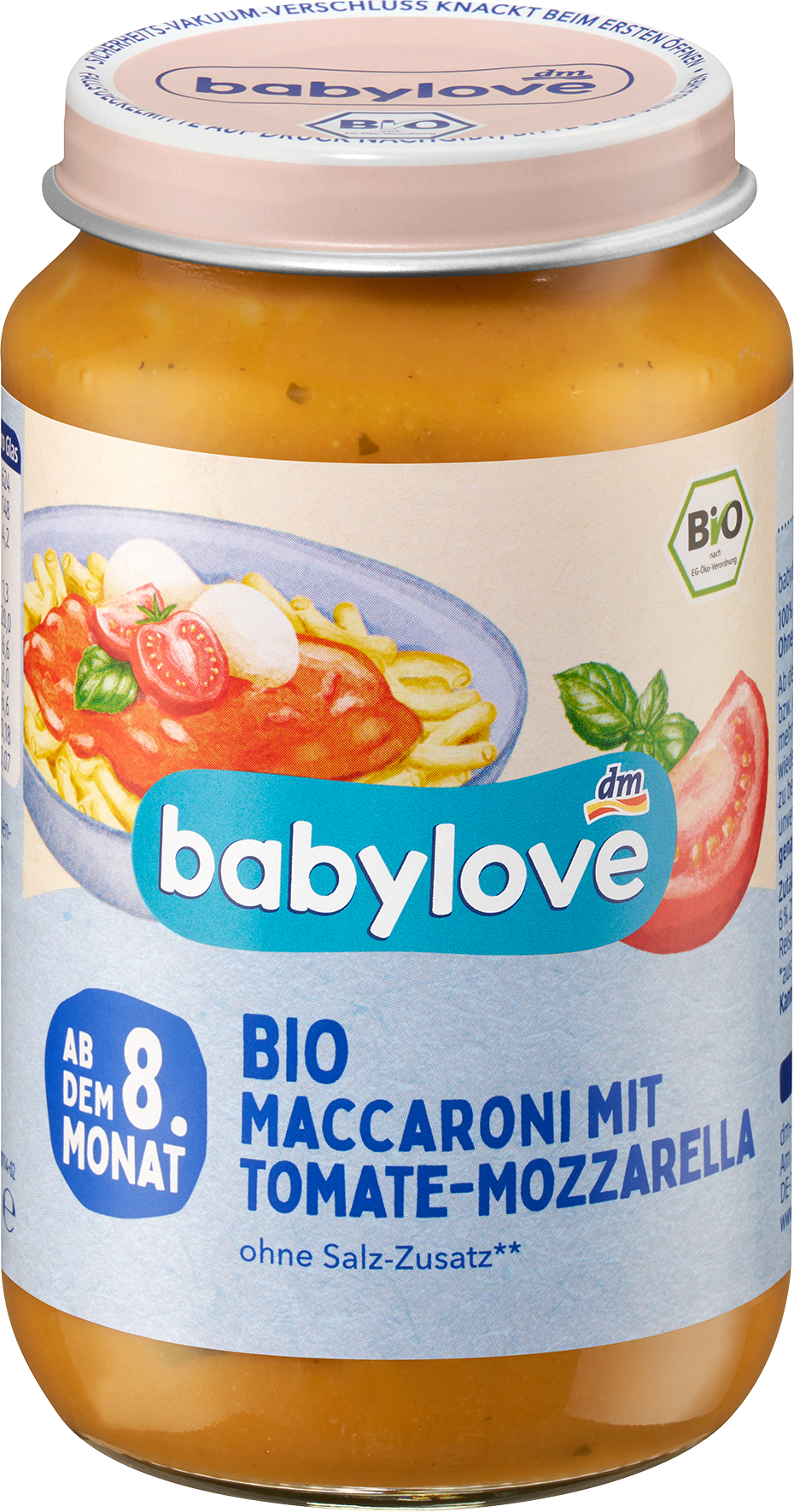 بيبي لوف للرجال ü ماكاروني مع طماطم وجبن موزاريلا من الشهر الثامن ، 220 جرام طعام تكميلي