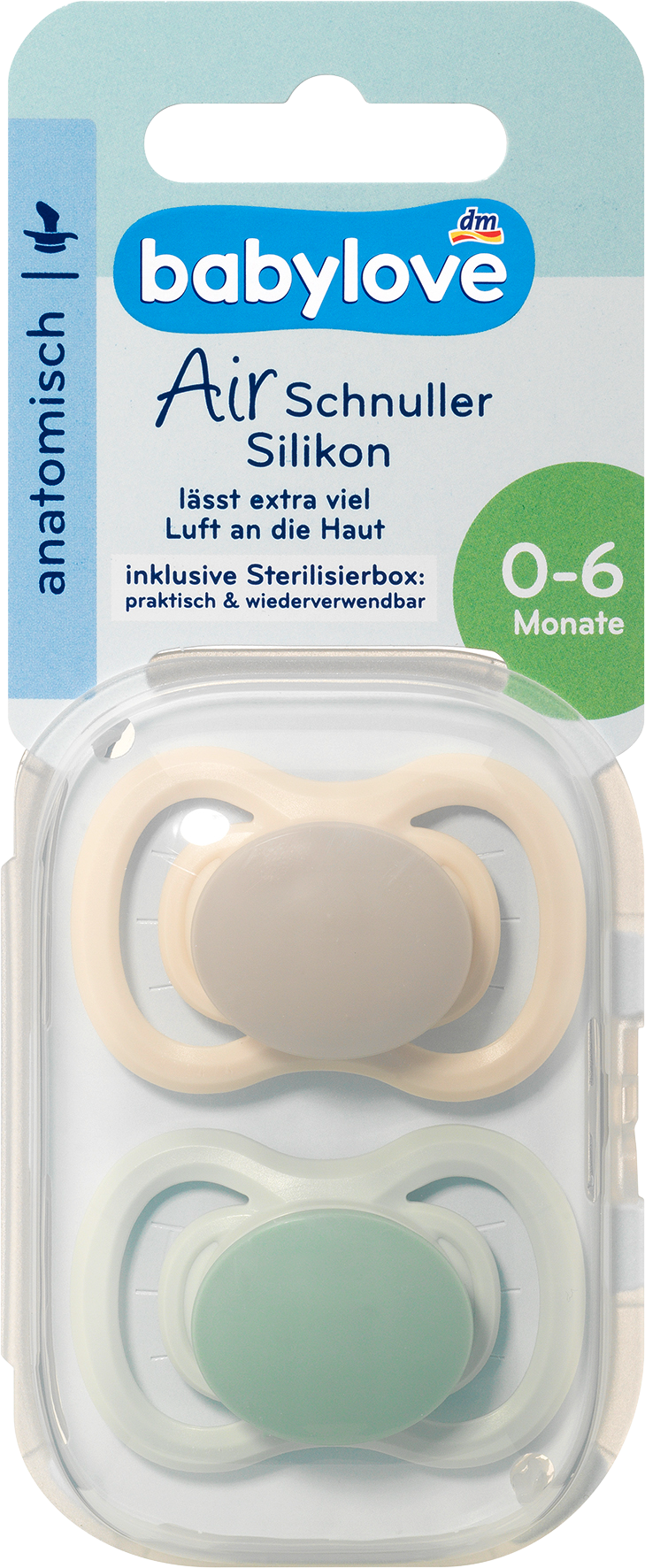 بيبي لوف لهاية هواء سيليكون تشريحي، بني/أخضر، مقاس 1، 0-6 أشهر، 2 قطعة