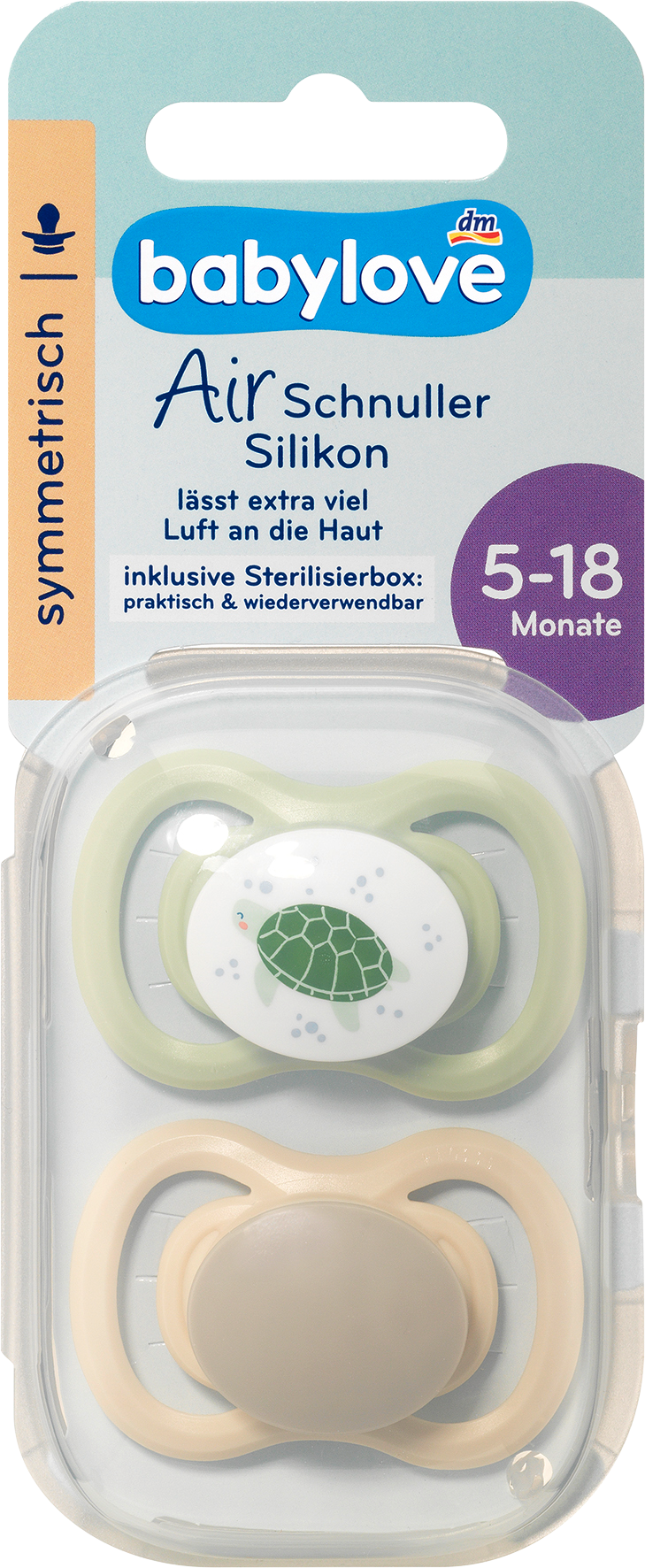 بيبي لوف لهاية هواء سيليكون متماثل، بني/أخضر، مقاس 2، 5-18 شهرا، 2 قطعة