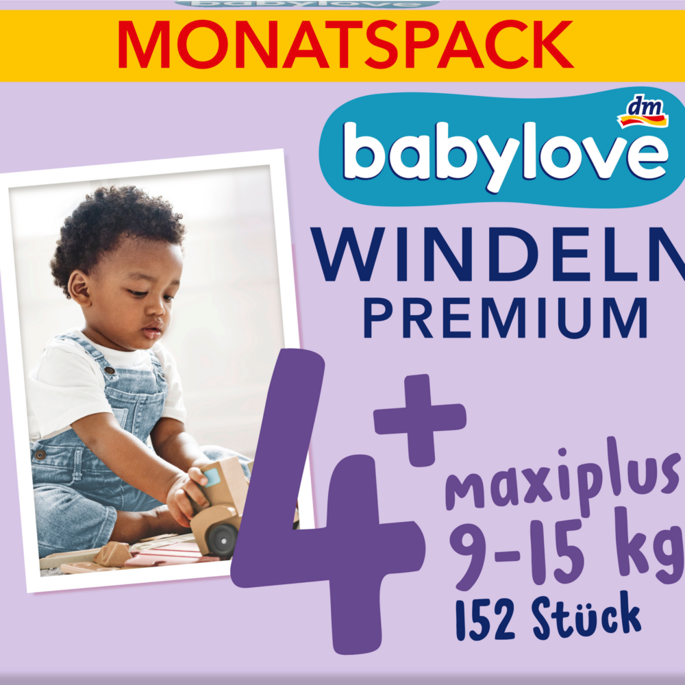 حفاضات بيبي لوف مقاس بريميوم 4+ ماكسي بلس (9-15 كجم)، علبة شهرية، 152 قطعة