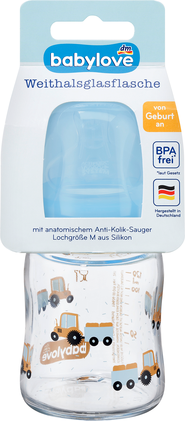 بيبي لوف زجاجة أطفال زجاجية واسعة الفم، 120 مل، أزرق، 1 قطعة