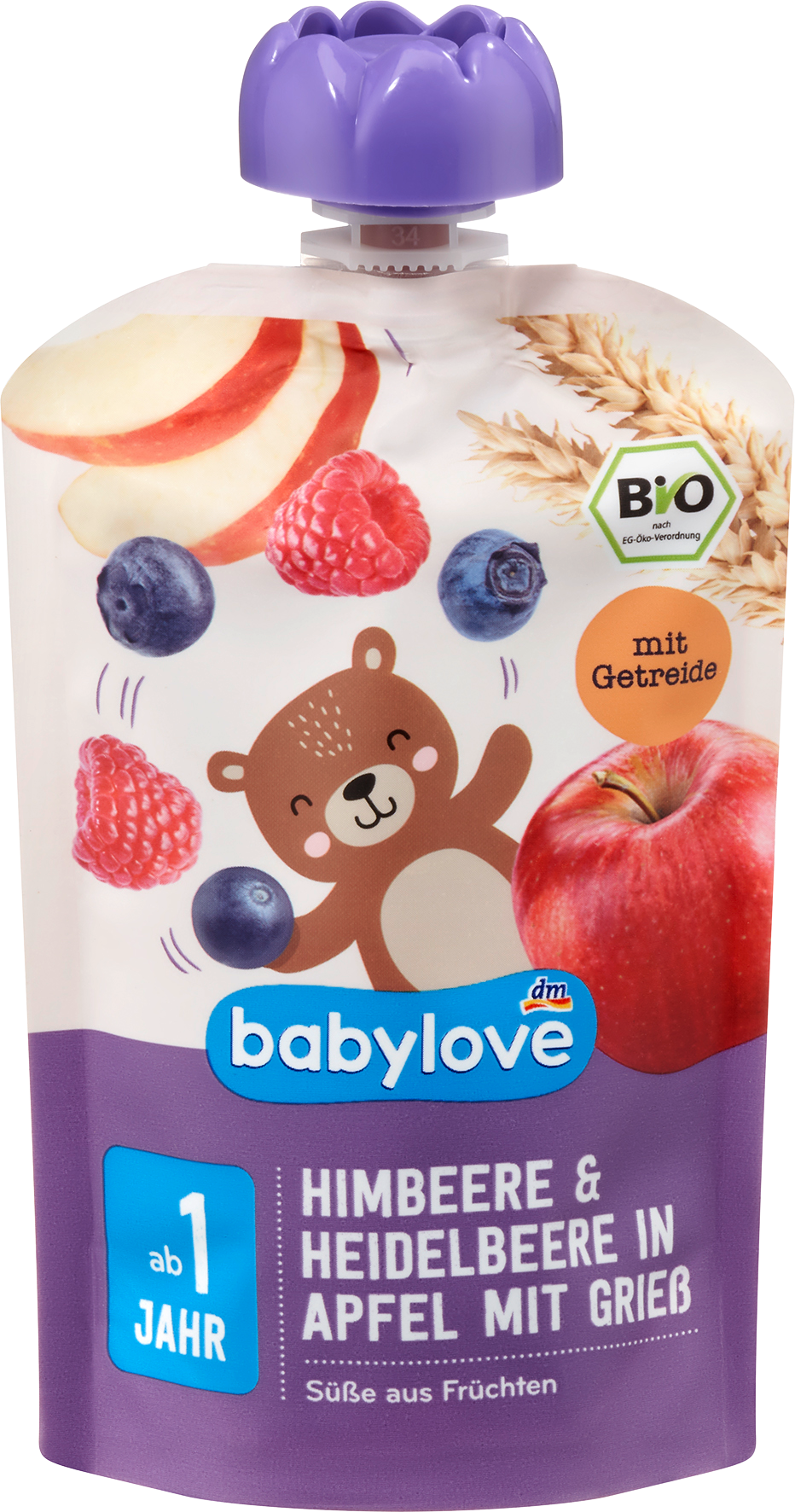 بيبي لوف توت العليق والتوت الأزرق من التفاح مع السميد، من 1 سنة، 100 جرام طعام تكميلي