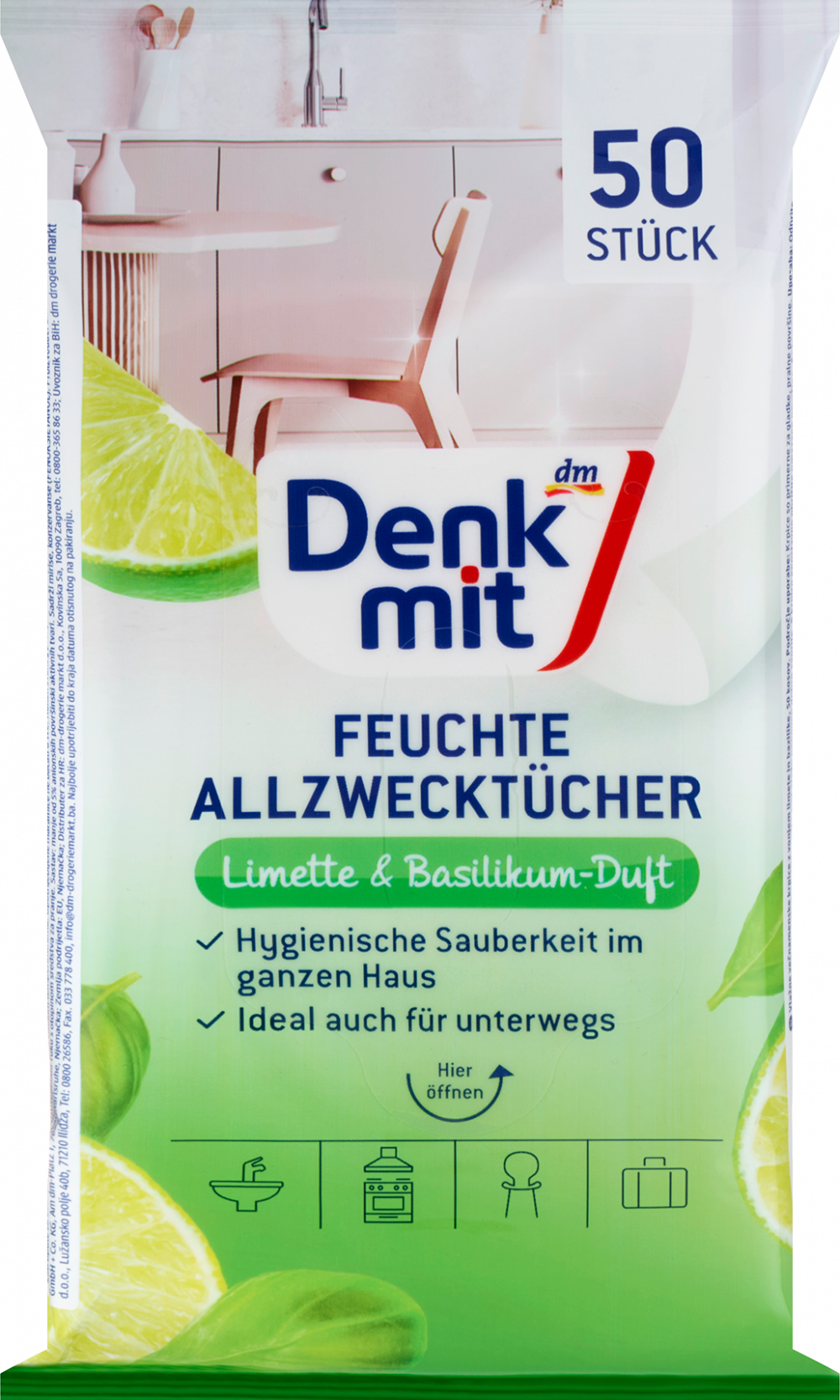 دنكميت مناديل مبللة لجميع الأغراض بالليمون والريحان، 50 قطعة