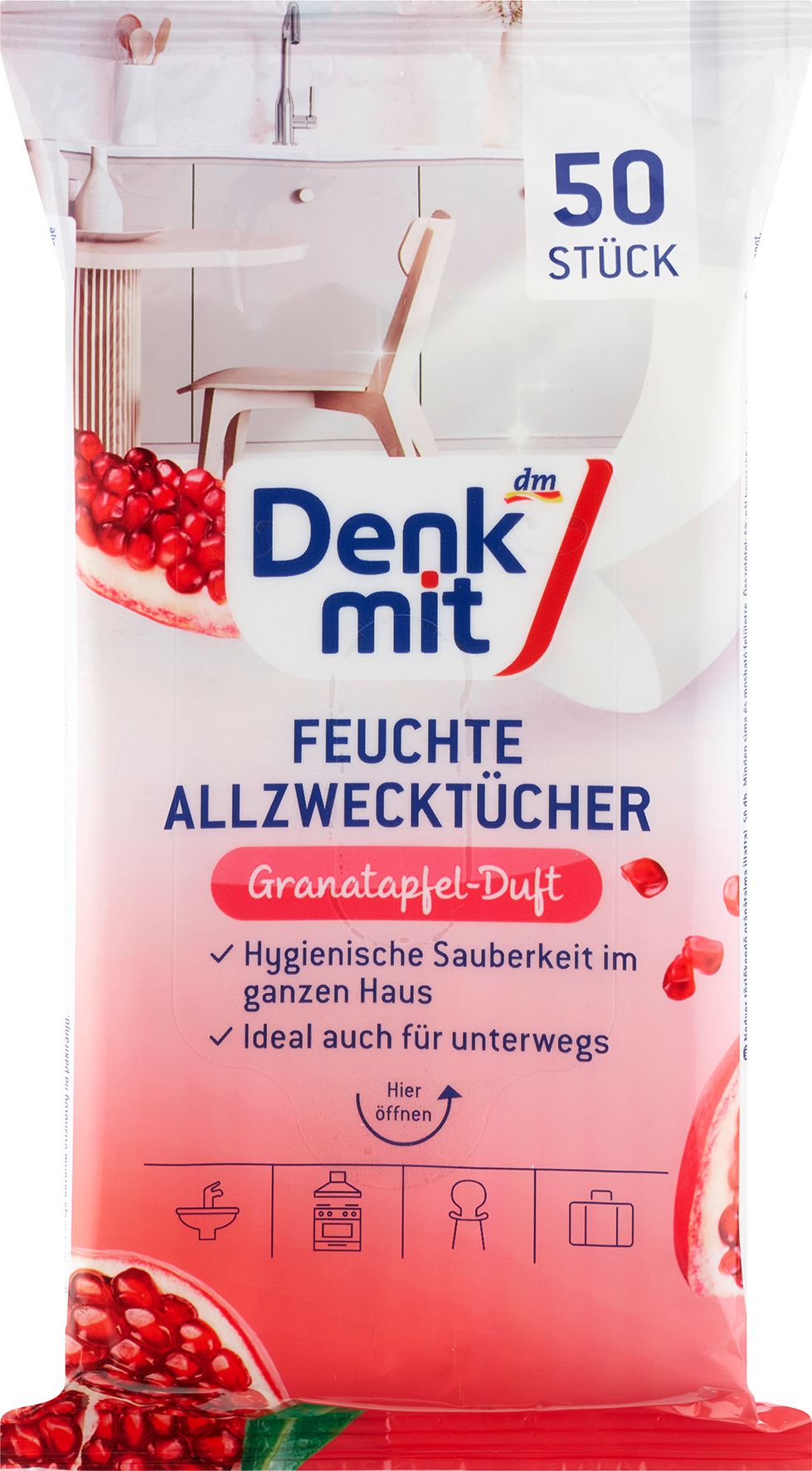 دنكميت مناديل مبللة لجميع الأغراض من الرمان، 50 قطعة