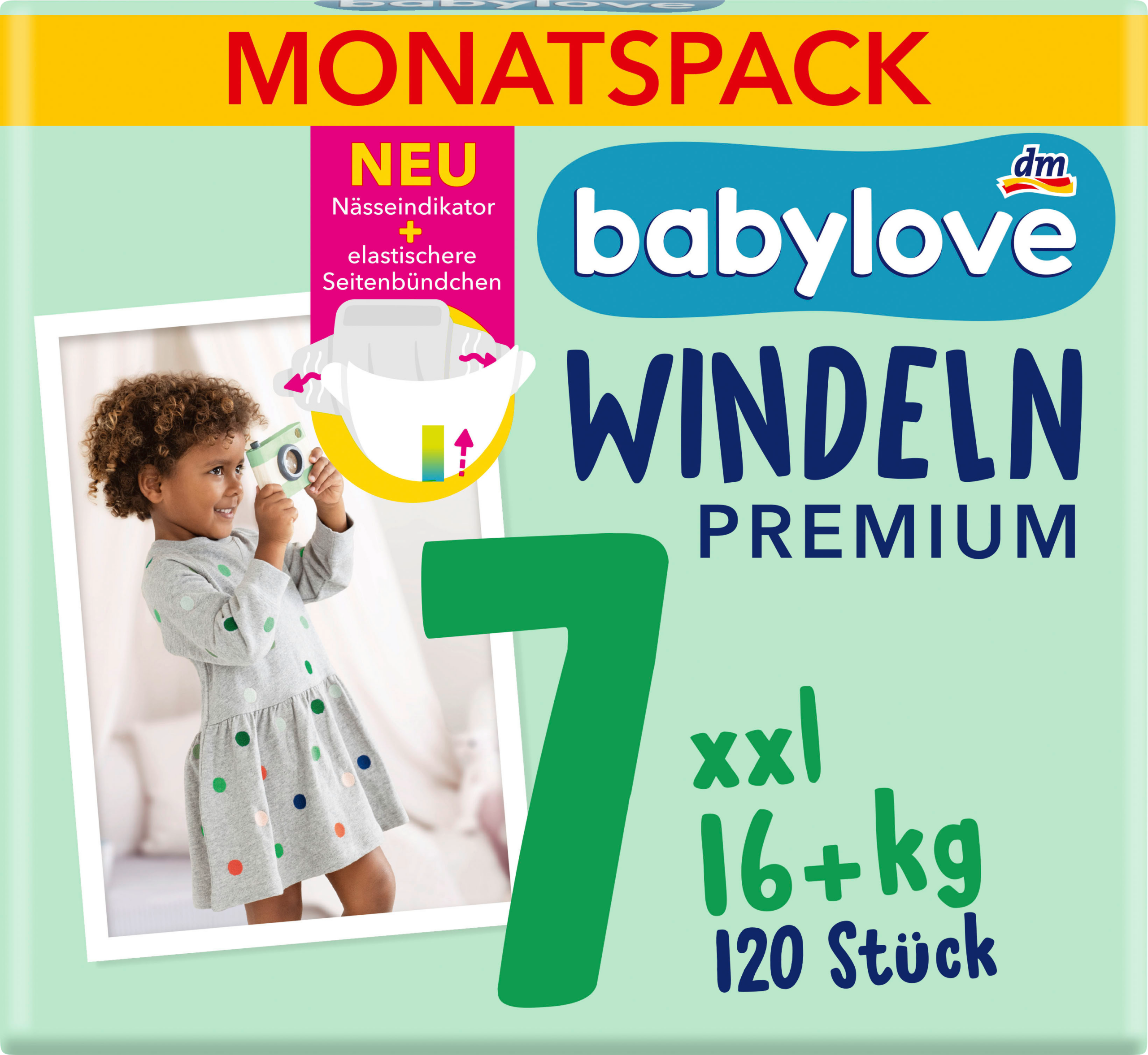 حفاضات بيبي لوف بريميوم، مقاس 7 XXL (16+ كجم)، عبوة شهرية، 120 حفاضة